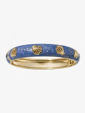 Blue Enamel Seashell Hinged Bangle Bracelet Gold Tone Coastal Jewelry